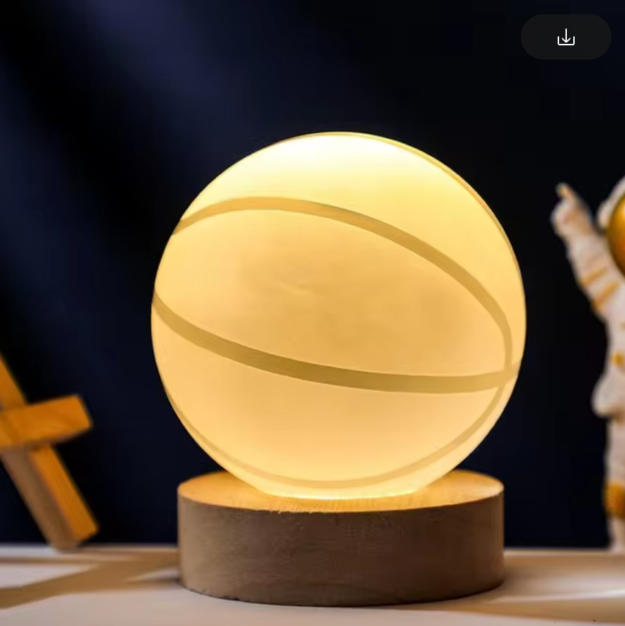 Esfera de cristal 3D grabada con diseño de Basketball, sobre base de madera con luz LED – LuxeOrb3D