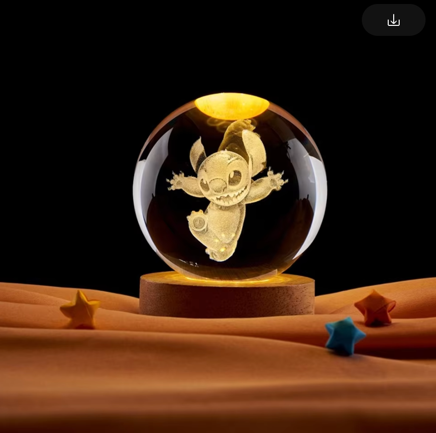 Esfera de cristal 3D grabada con diseño de Stich 3, sobre base de madera con luz LED – LuxeOrb3D