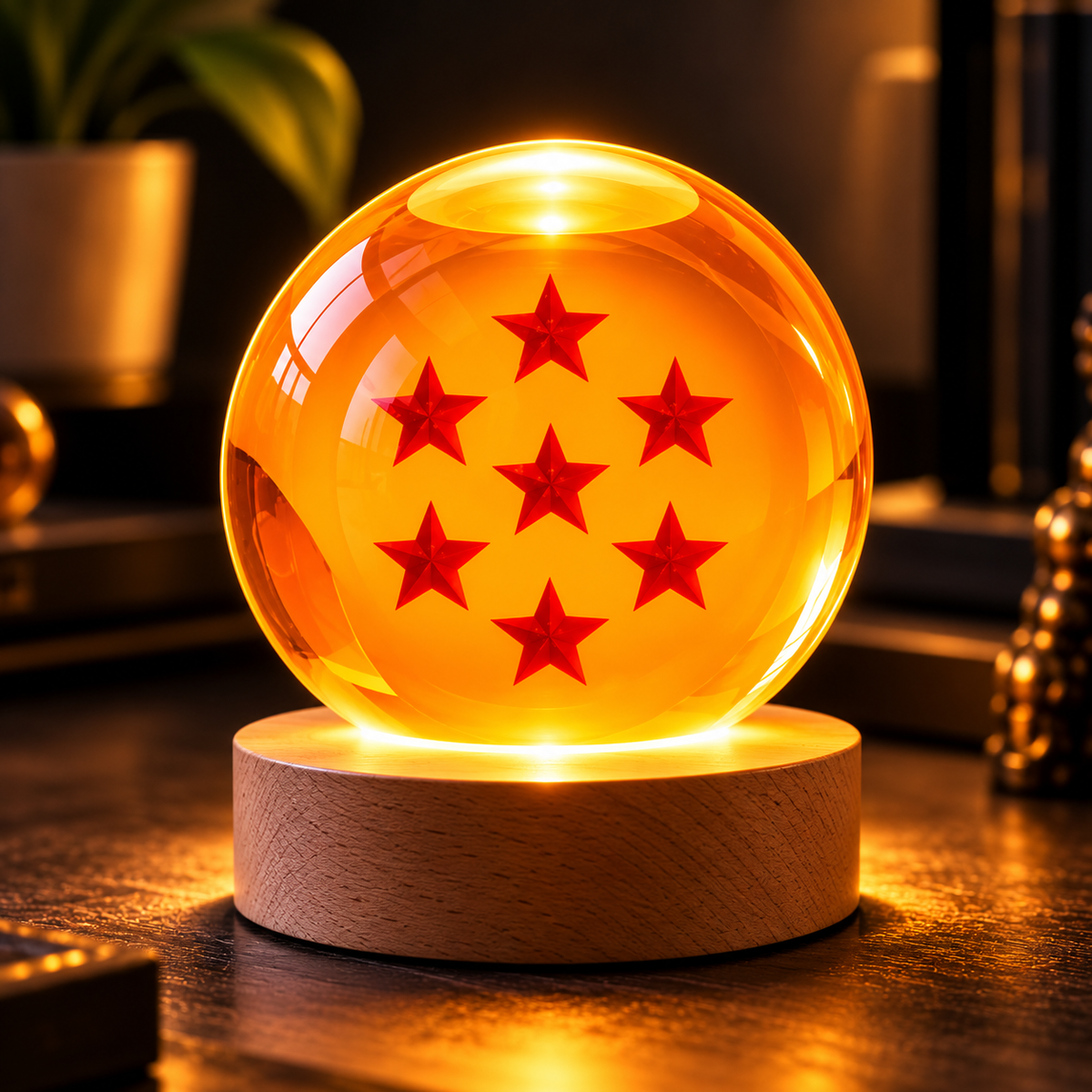 Esfera de cristal 3D grabada con diseño de Bola de Dragón nº7, sobre base de madera con luz LED – LuxeOrb3D