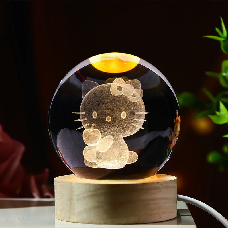 Esfera de cristal 3D grabada con diseño de Gatita, sobre base de madera con luz LED – LuxeOrb3D