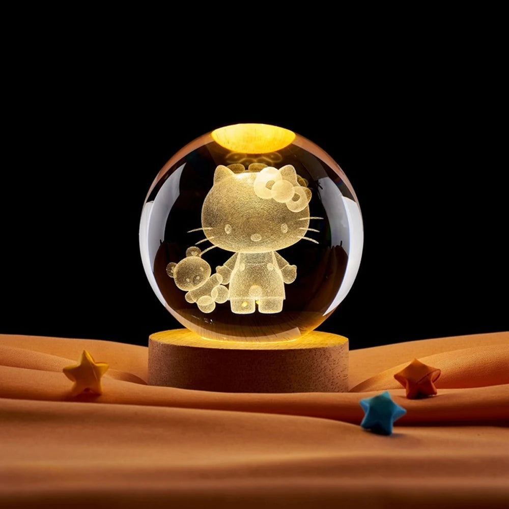 Esfera de cristal 3D grabada con el diseño Gatita, sobre base de madera con luz LED – LuxeOrb3D