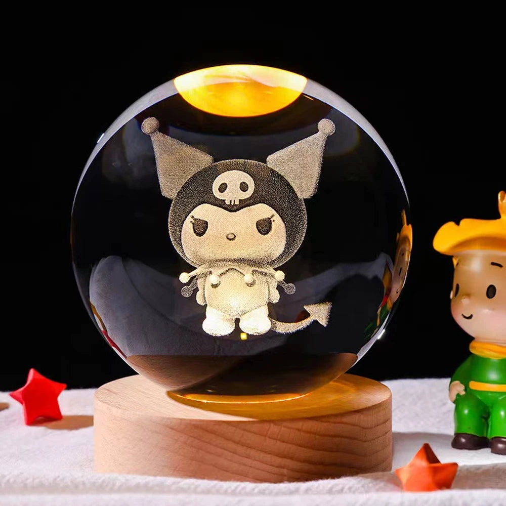 Esfera de cristal 3D grabada con el diseño Gatita Mascara, sobre base de madera con luz LED – LuxeOrb3D
