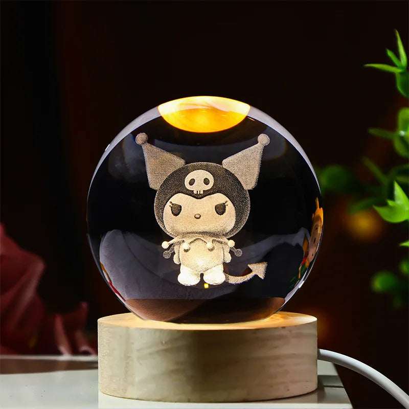 Esfera de cristal 3D grabada con diseño de Gatita 2, sobre base de madera con luz LED – LuxeOrb3D