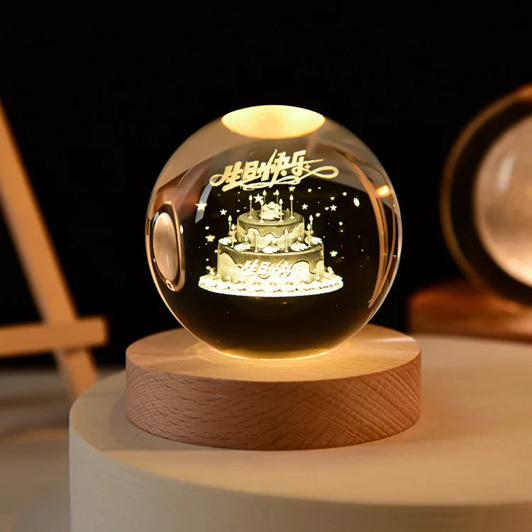 Esfera de cristal 3D grabada con diseño de Cumpleaños, sobre base de madera con luz LED – LuxeOrb3D