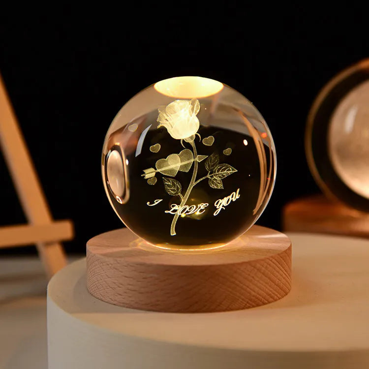 Esfera de cristal 3D grabada con diseño de Rosa, sobre base de madera con luz LED – LuxeOrb3D