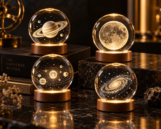 Composición de cuatro esferas de cristal 3D iluminadas – Saturno, Luna, Galaxia y Sistema Solar – LuxeOrb3D