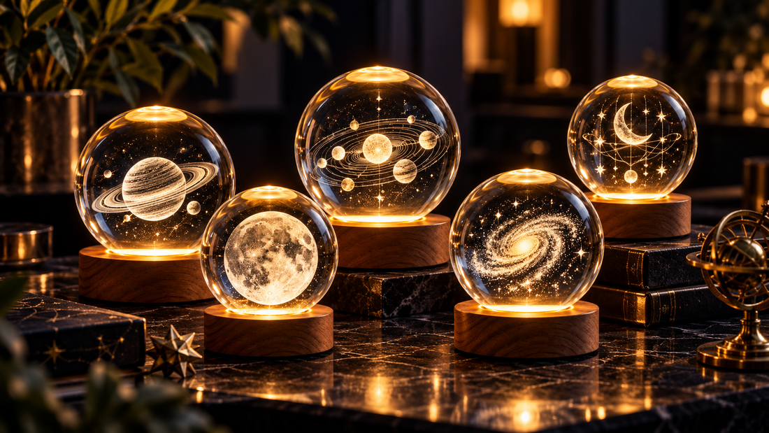 Colección de esferas de cristal 3D LuxeOrb3D con distintos diseños grabados, iluminadas