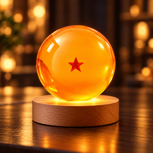 Esfera de cristal 3D grabada con diseño de Bola de Dragón nº1, sobre base de madera con luz LED – LuxeOrb3D