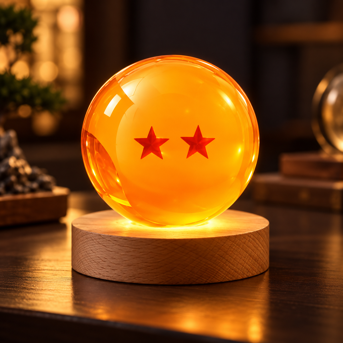 Esfera de cristal 3D grabada con diseño de Bola de Dragón nº2, sobre base de madera con luz LED – LuxeOrb3D