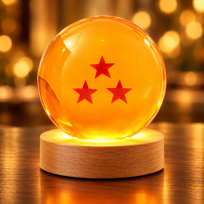 Esfera de cristal 3D grabada con diseño de Bola de Dragón nº3, sobre base de madera con luz LED – LuxeOrb3D