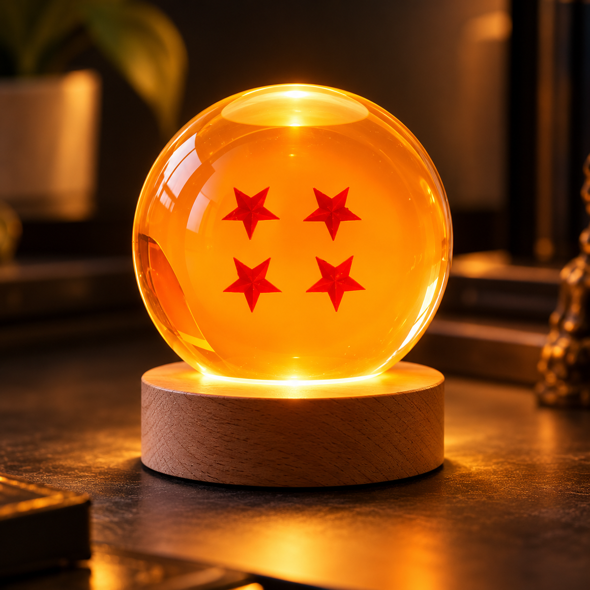 Esfera de cristal 3D grabada con diseño de Bola de Dragón nº4, sobre base de madera con luz LED – LuxeOrb3D