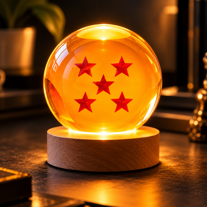 Esfera de cristal 3D grabada con diseño de Bola de Dragón nº5, sobre base de madera con luz LED – LuxeOrb3D
