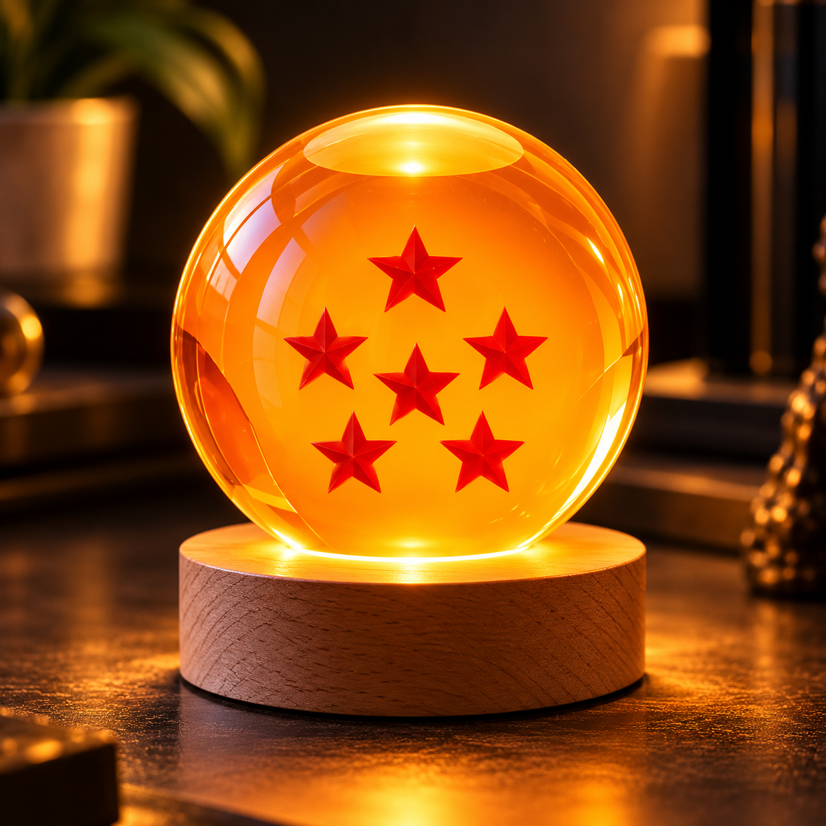 Esfera de cristal 3D grabada con diseño de Bola de Dragón nº6, sobre base de madera con luz LED – LuxeOrb3D