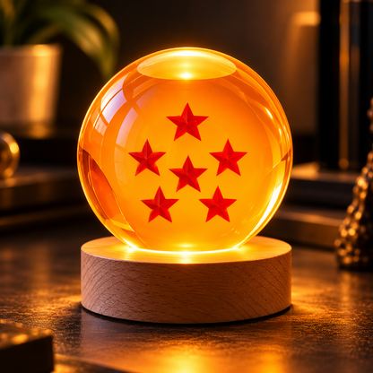 Esfera de cristal 3D grabada con diseño de Bola de Dragón nº6, sobre base de madera con luz LED – LuxeOrb3D